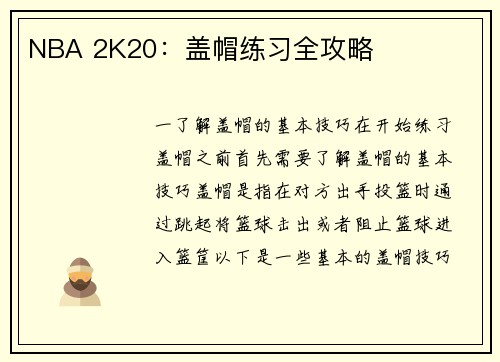 NBA 2K20：盖帽练习全攻略