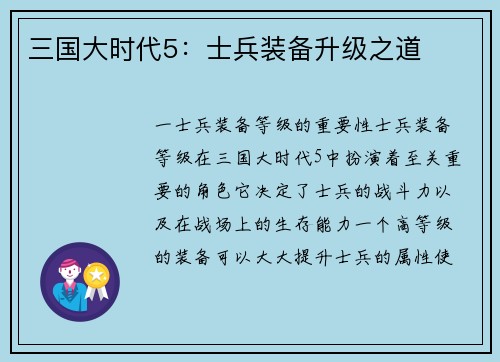 三国大时代5：士兵装备升级之道