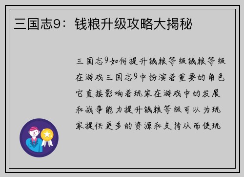 三国志9：钱粮升级攻略大揭秘